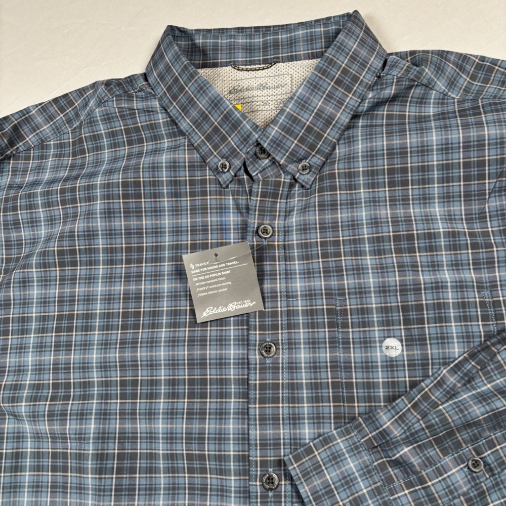 Eddie Bauer Travex Poplin Shirt Mens 2XL Storm Blue Plaid‎ Long Sleeve Hiking